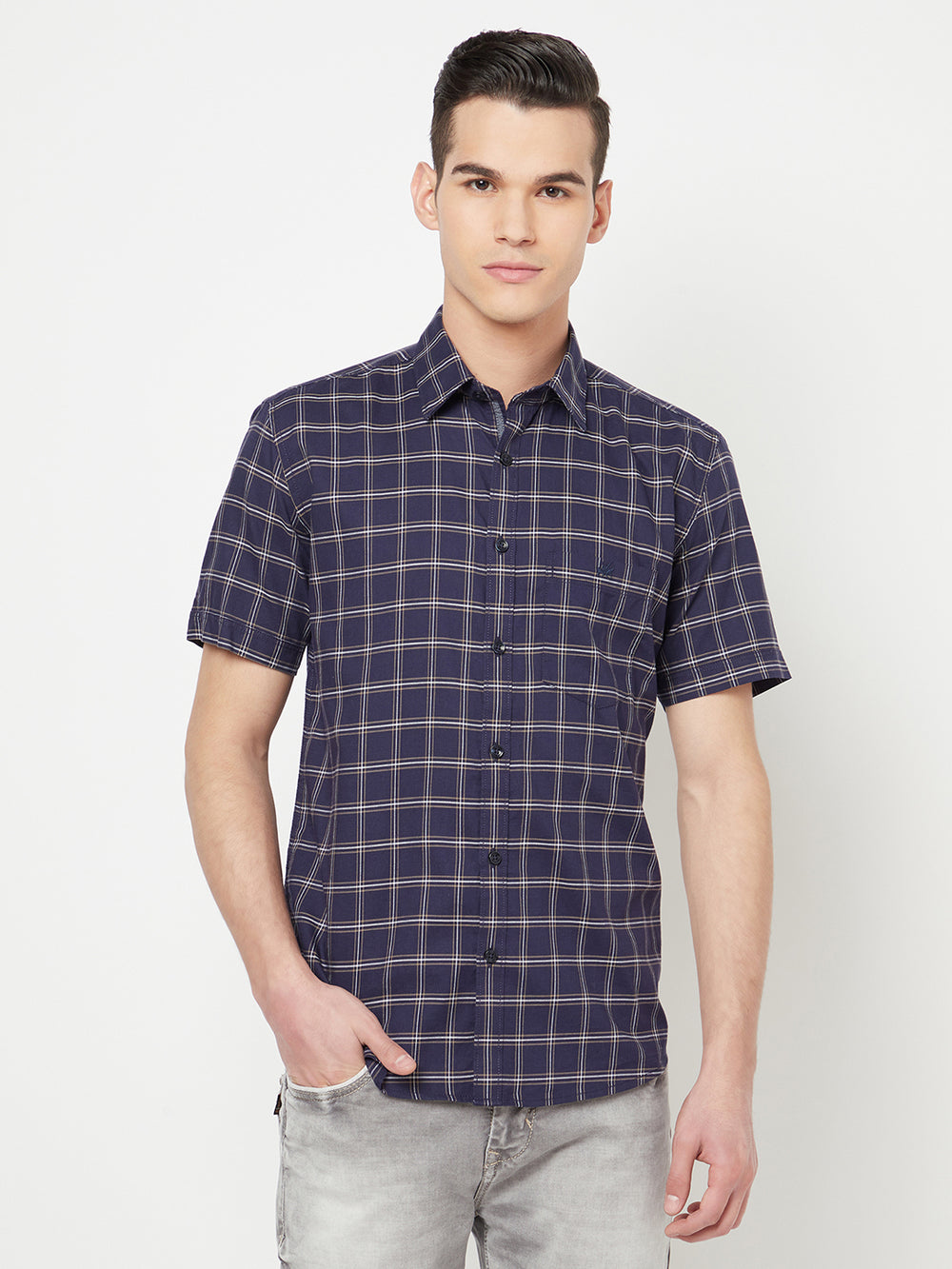 Navy Blue Checked Shirt - Men Shirts
