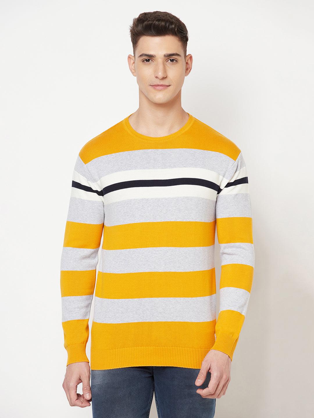 Yellow Colourblocked Round Neck Sweater - Men Sweaters