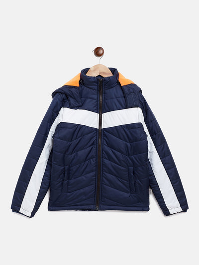 Navy Blue Colorblocked Detachable Hood Jacket - Boys Jacket