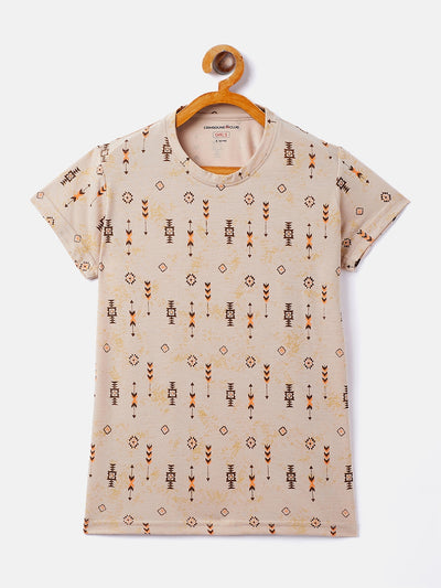 Beige Printed Round Neck T-Shirt - Girls T-Shirts