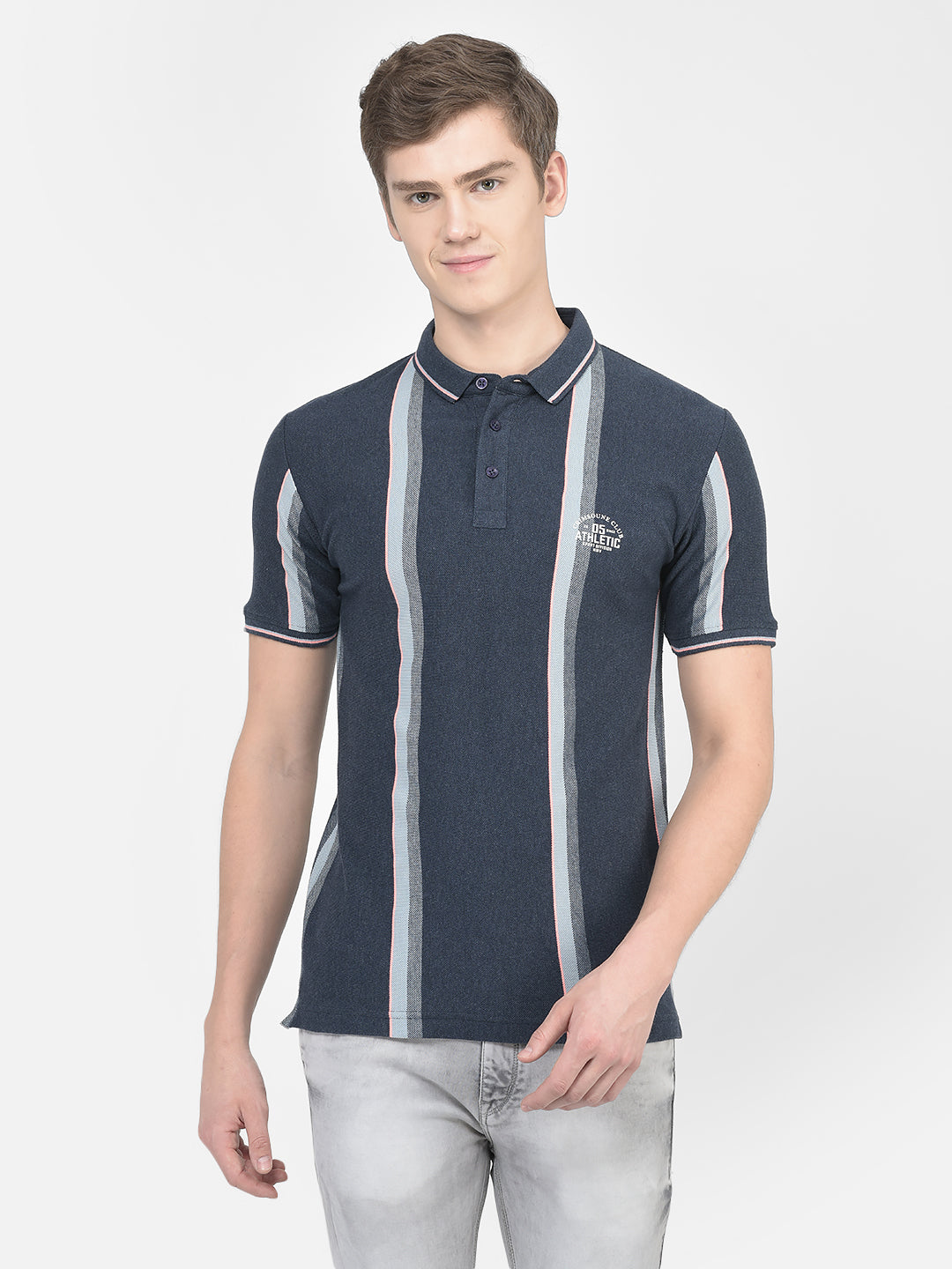  Navy Blue Wide Striped Polo T-Shirt