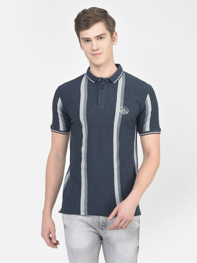  Navy Blue Wide Striped Polo T-Shirt
