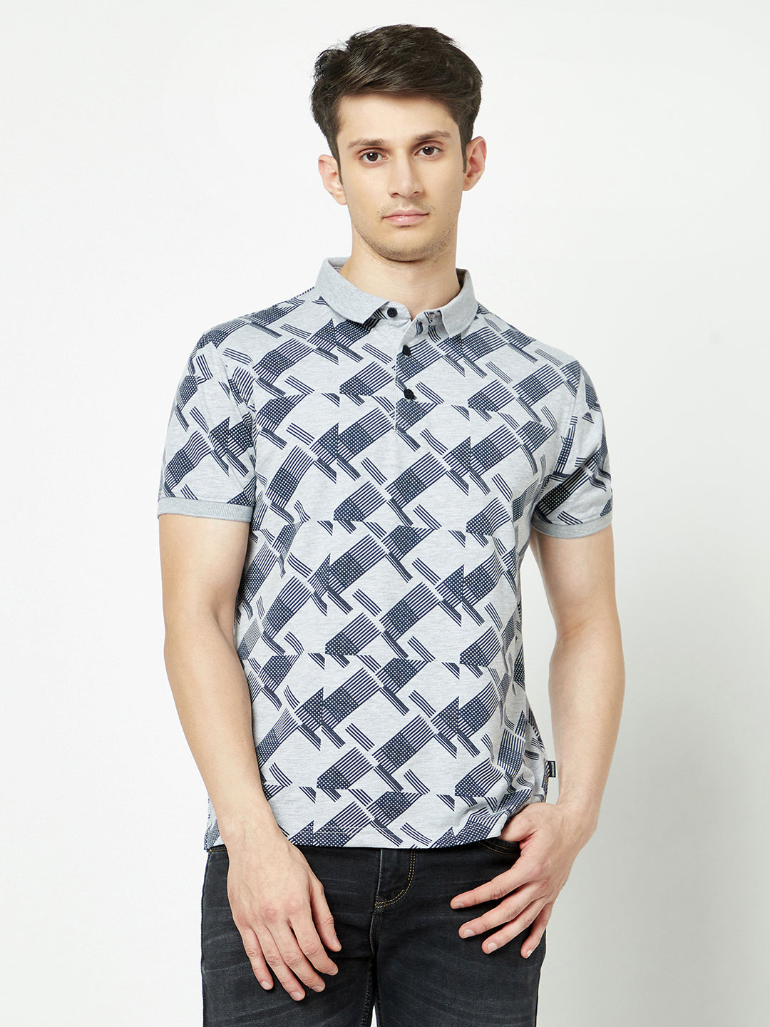  Grey Melange Geometric Print T-Shirt