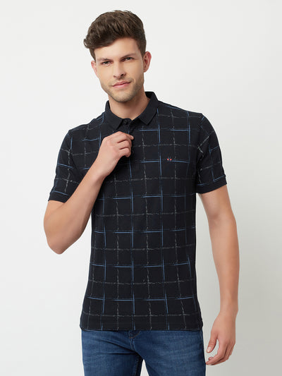 Navy Blue Checked Polo T-Shirt-Men T-Shirts-Crimsoune Club