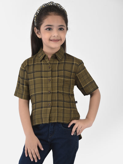 Olive Green High-Low Checked Crop Shirt - Girls Shirts