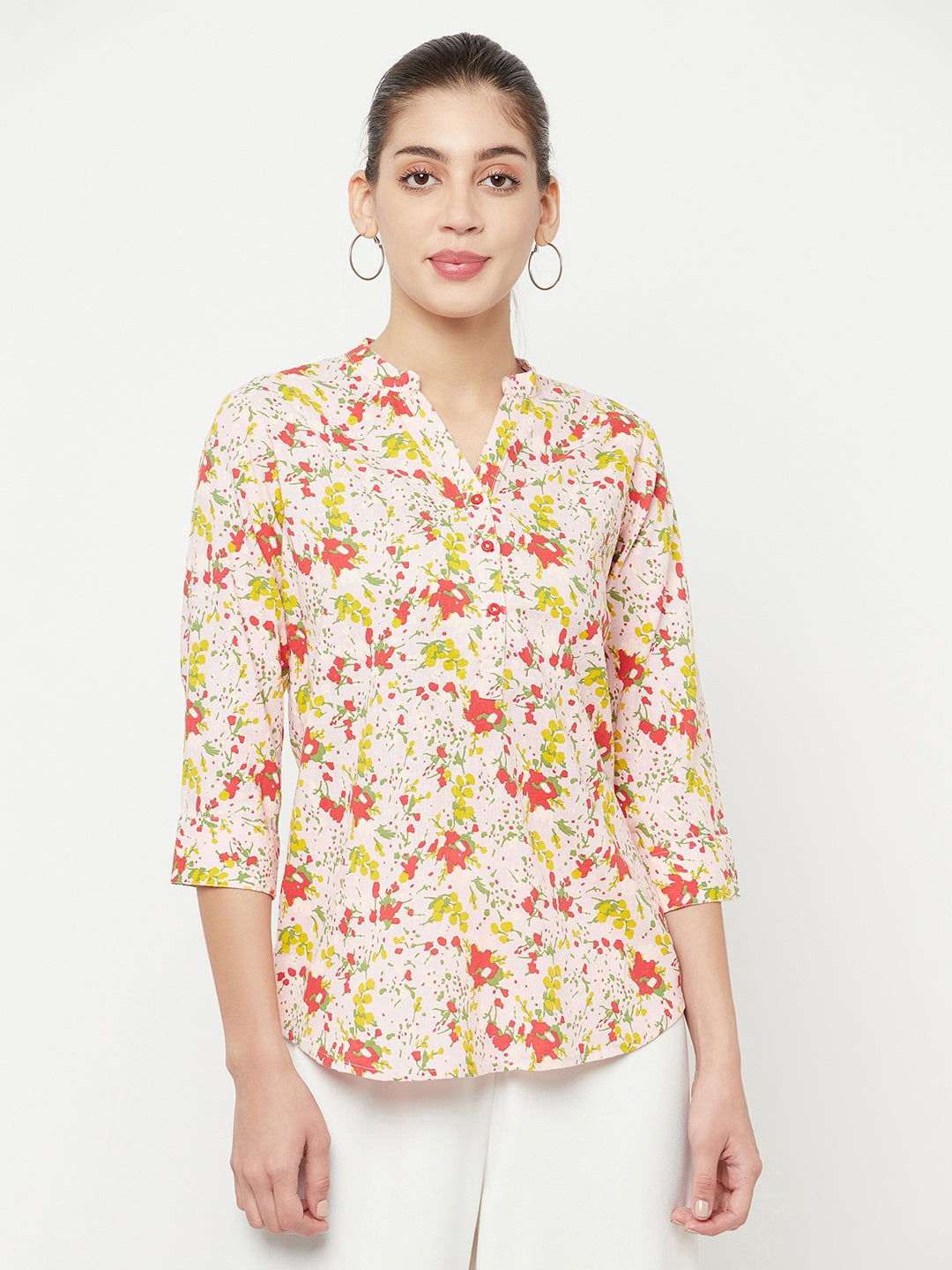 Multi-Coloured Floral Printed V-Neck Top - Women Tops