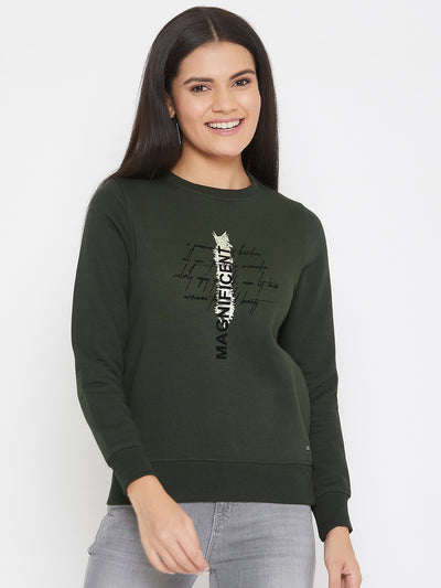 Olive Printed Round Neck Sweatshirt - Women Sweatshirts