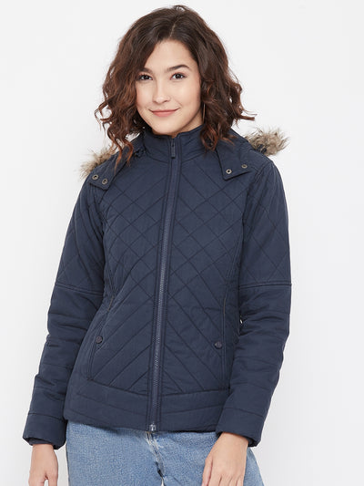 Navy Blue Hooded Jacket - Women Jackets