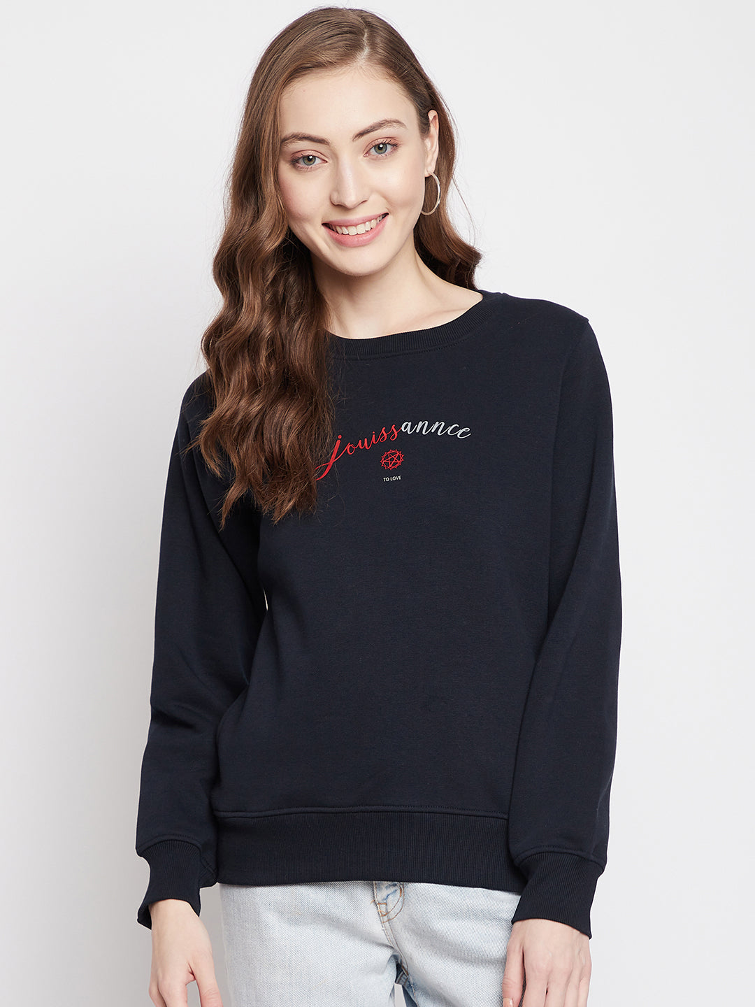 Navy Blue Printed Round Neck Sweatshirt - Women Sweatshirts