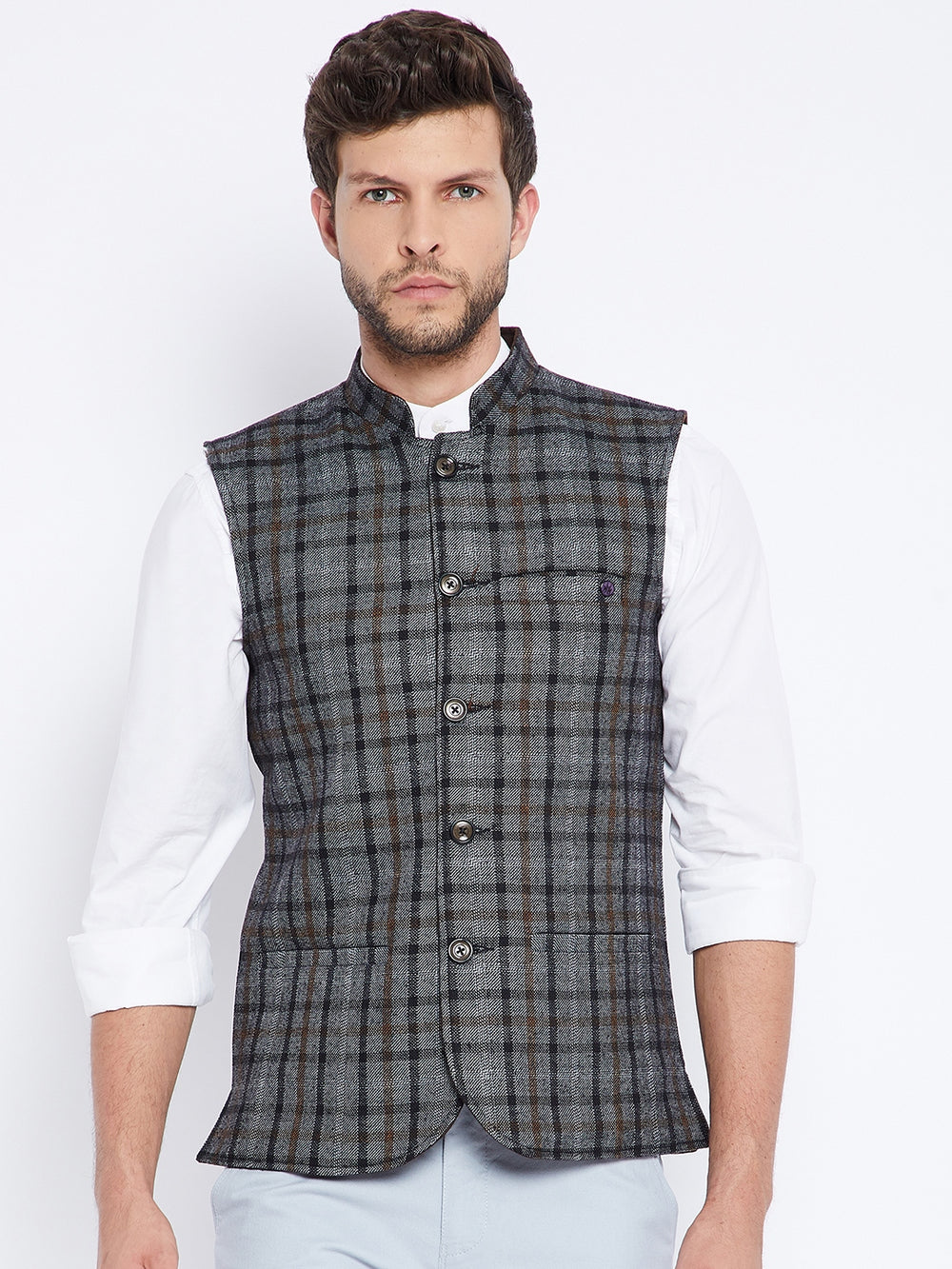Grey Checked Reversible Waistcoat - Men Waist Coat