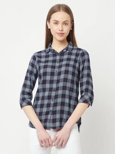 Navy Blue Tartan Checks Shirt - Women Tops