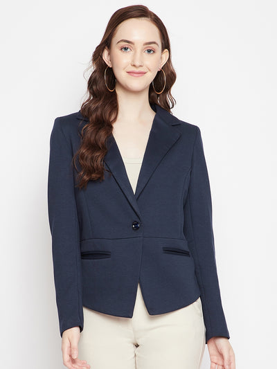 Navy Blue Notched Lapel Blazer - Women Blazer