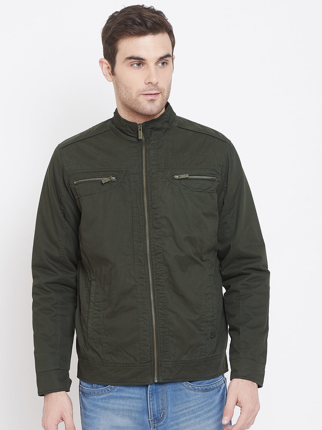 Olive Solid Mandarin Collar Jackets-Mens Jacket-Crimsoune Club
