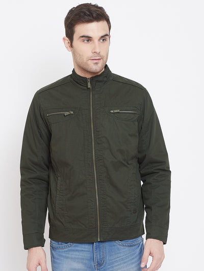 Olive Solid Mandarin Collar Jackets-Mens Jacket-Crimsoune Club
