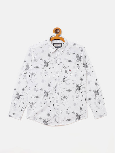 White Printed Spread Collar Slim Fit Shirt - Boys Shirts