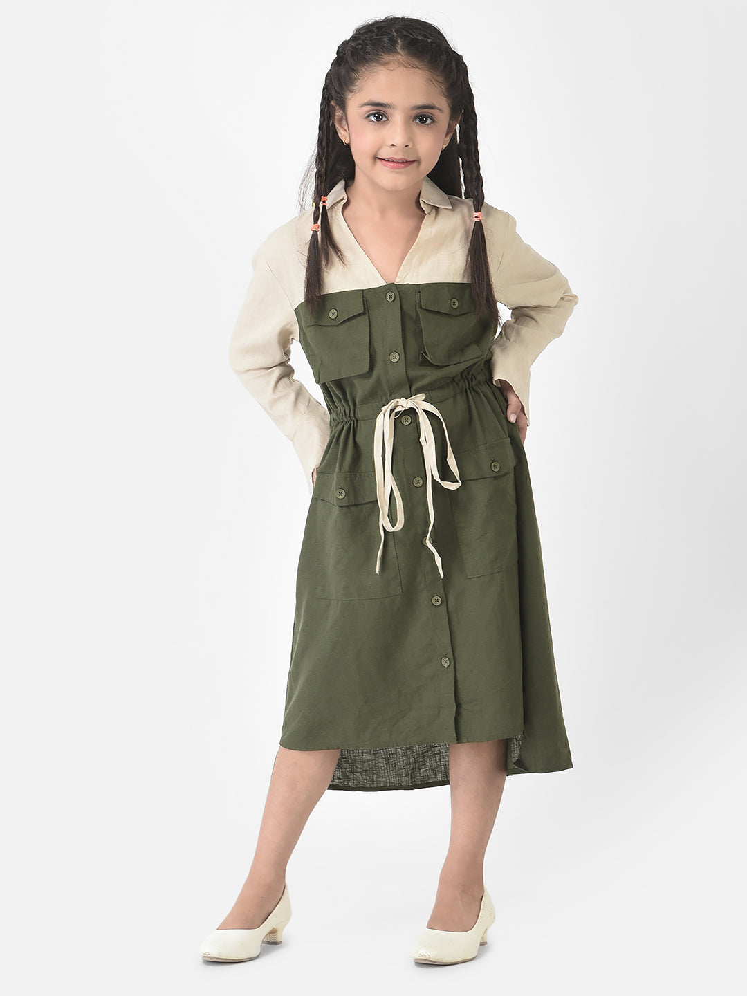  Olive Dress with Patch Pocket Detailing 