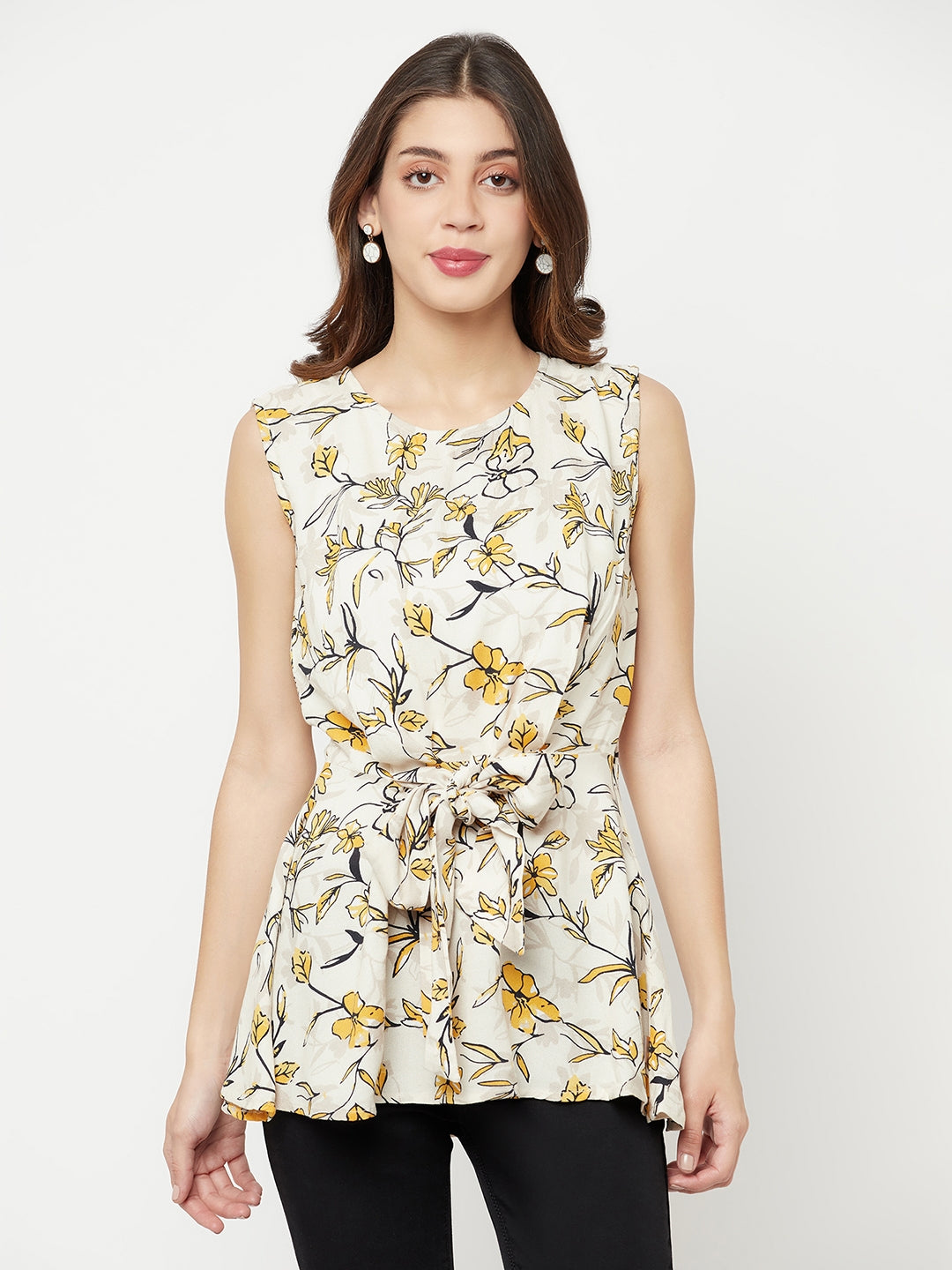 Yellow Floral Printed Knotted Top - Women Tops