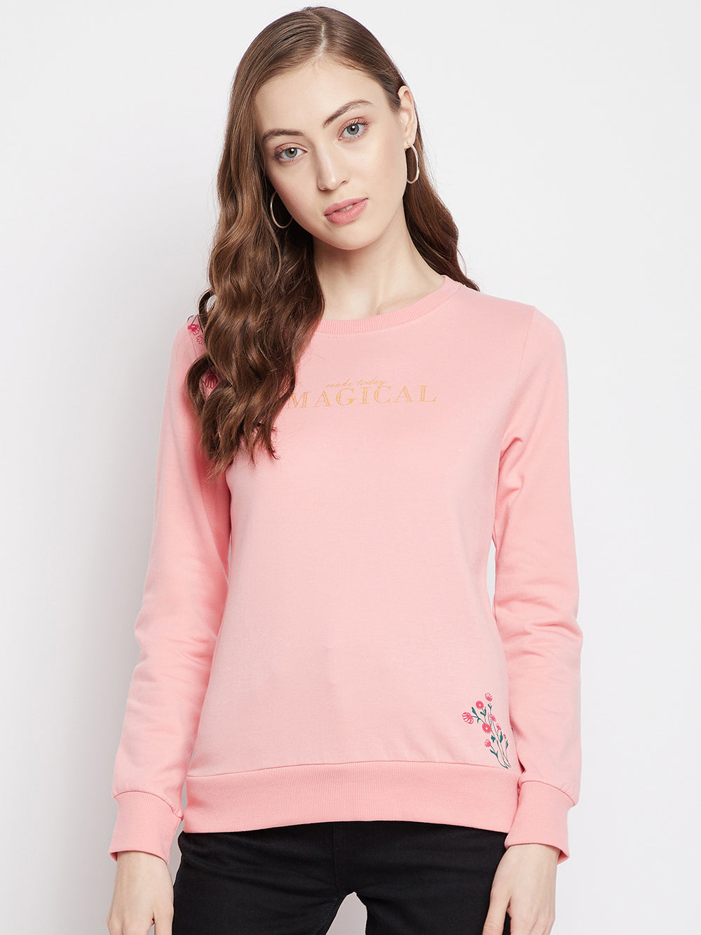 Pink Printed Round Neck Sweatshirt - Women Sweatshirts