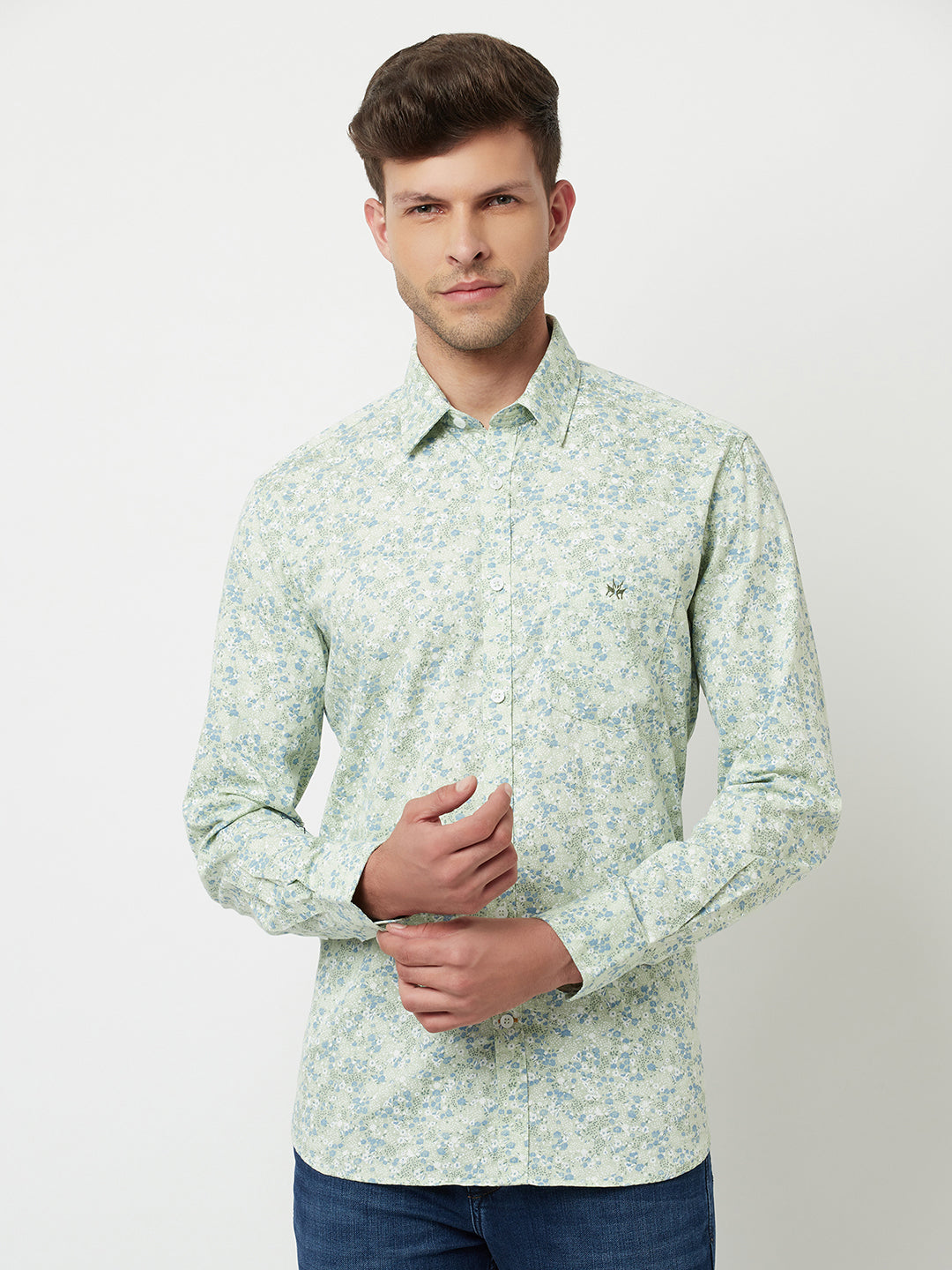 Mint-Green Floral Printed Shirt-Men Shirts-Crimsoune Club