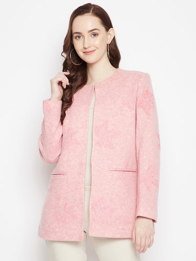 Pink Floral Round Neck Blazer-Women Blazer-Crimsoune Club