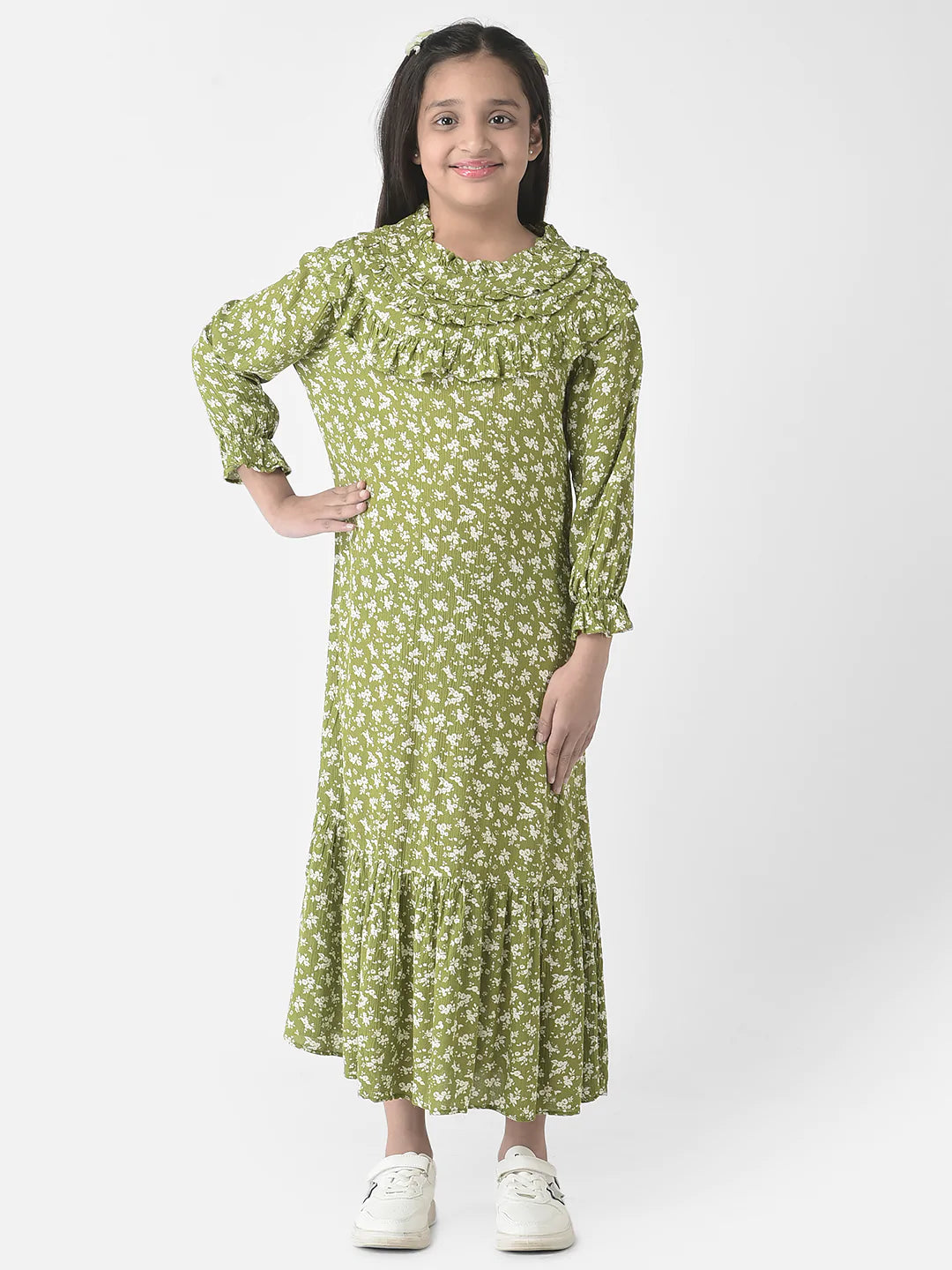  Green Floral Ruffles Dress