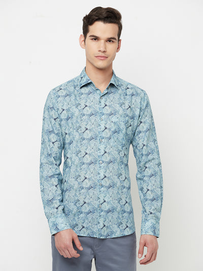Blue Printed Linen Shirt - Men Shirts