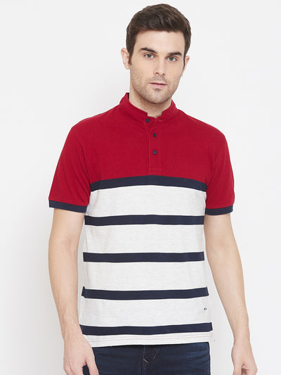 Red Striped Mandarin Neck T-Shirt - Men T-Shirts