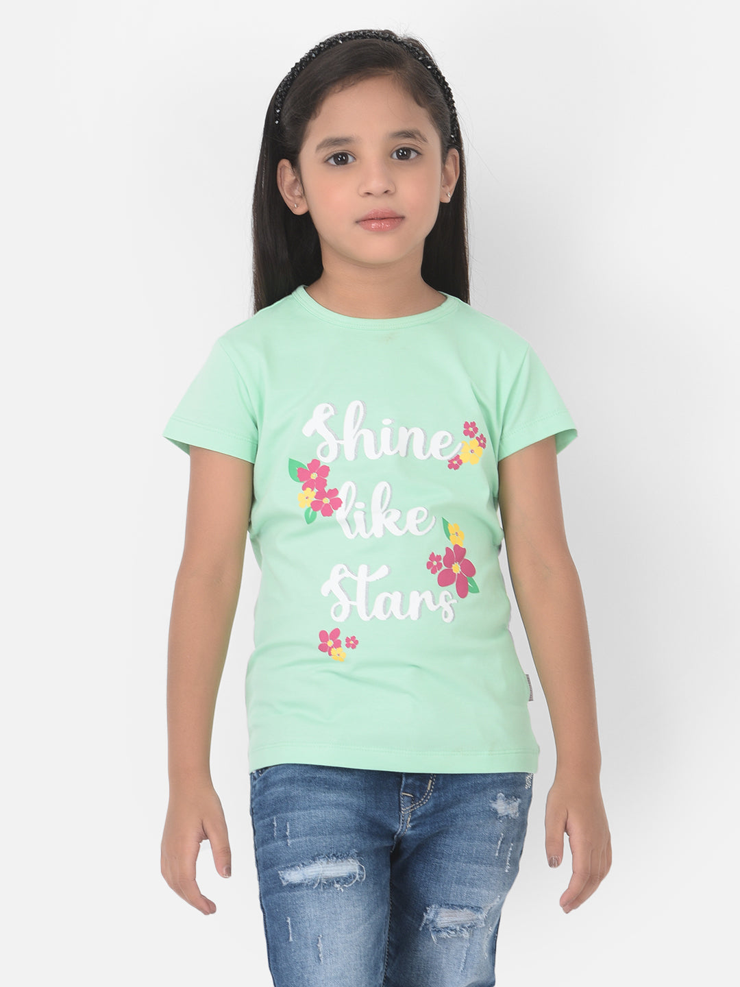 Mint Green Typography Round Neck T-Shirt - Girls T-Shirts