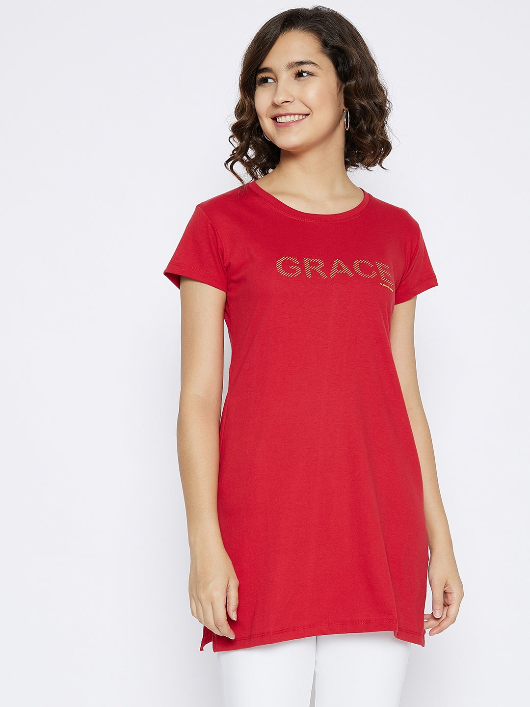 Red Printed Round Neck T-shirt - Women T-Shirts