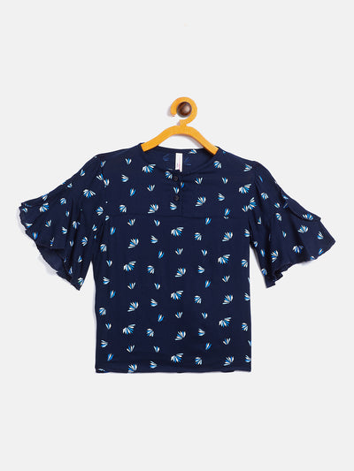 Navy Blue Printed Round Neck Top - Girls Tops