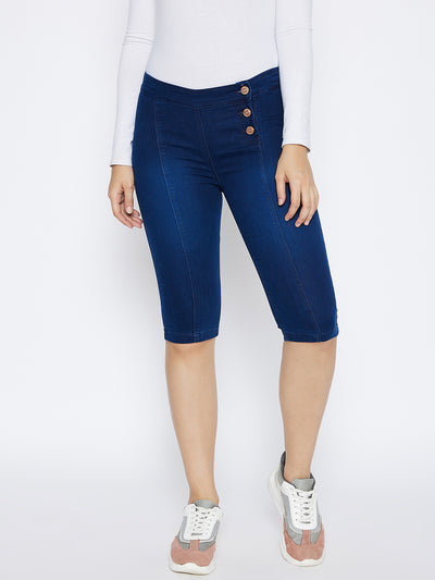 Navy Blue Slim Fit Denim Shorts - Women Shorts