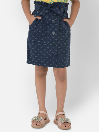 Navy Blue Printed Skirt With Belt - Girls Skirts