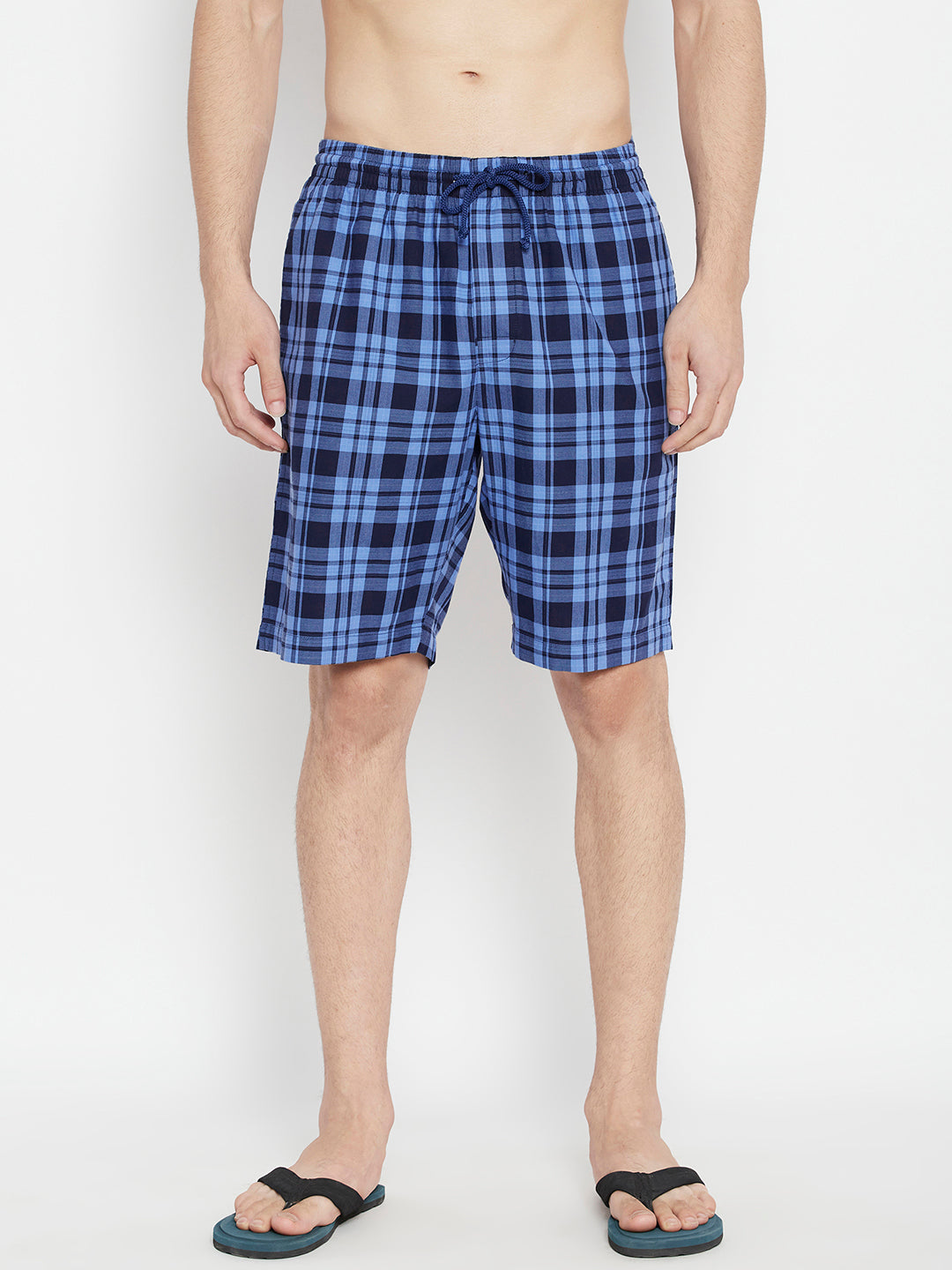 Blue Checked Slim Fit Lounge Shorts - Men Lounge Shorts