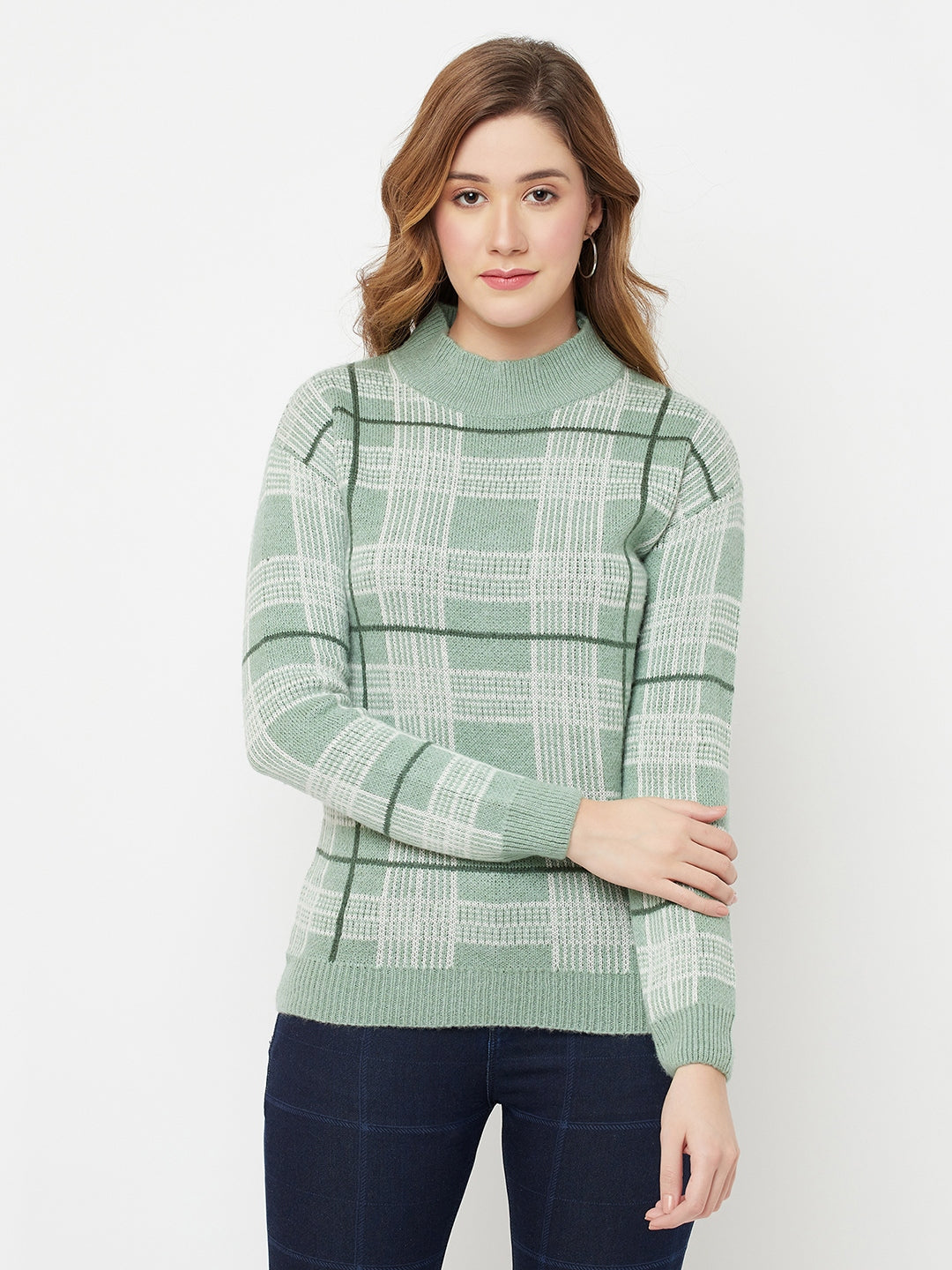 Green Checked Mock Neck Sweater - Women Sweaters