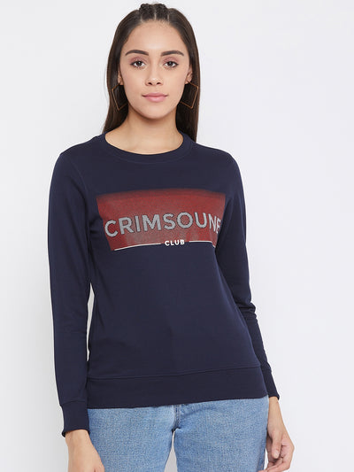 Navy Blue Printed Round Neck Sweatshirt - Women Sweatshirts