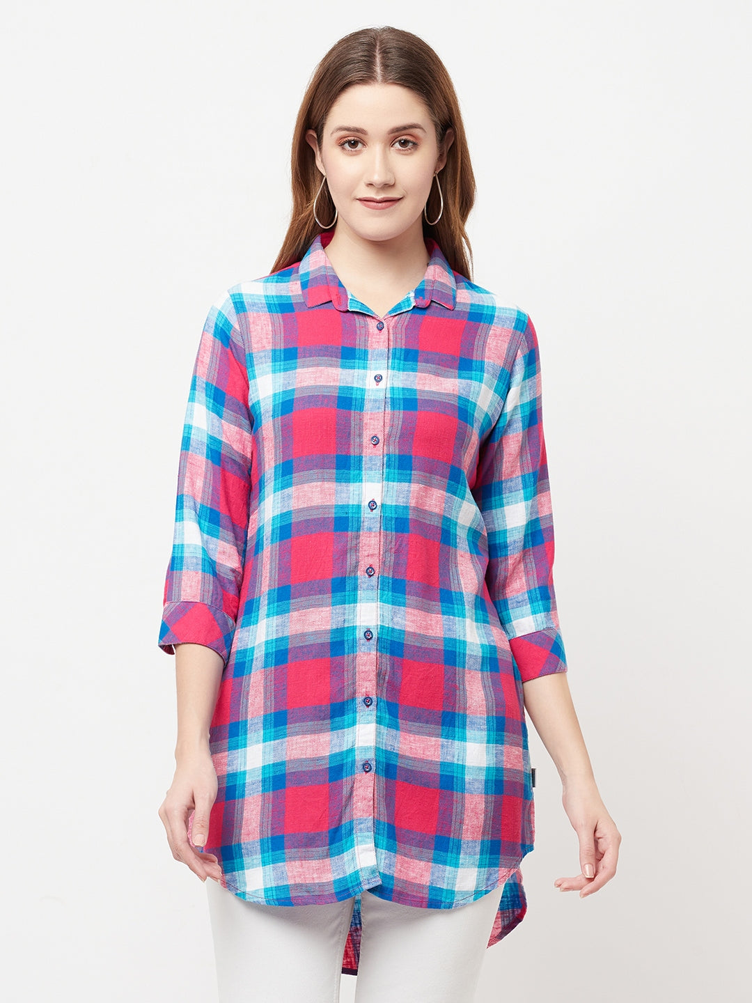 Pink Checked Longline Shirt - Women Shirts