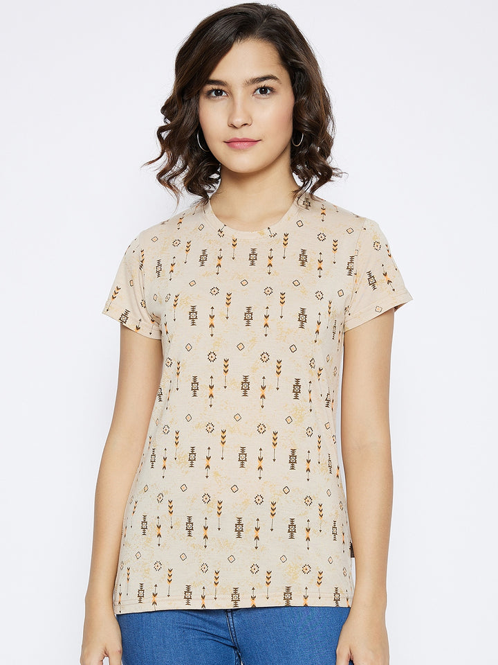 Beige Printed Round Neck T-shirt - Women T-Shirts