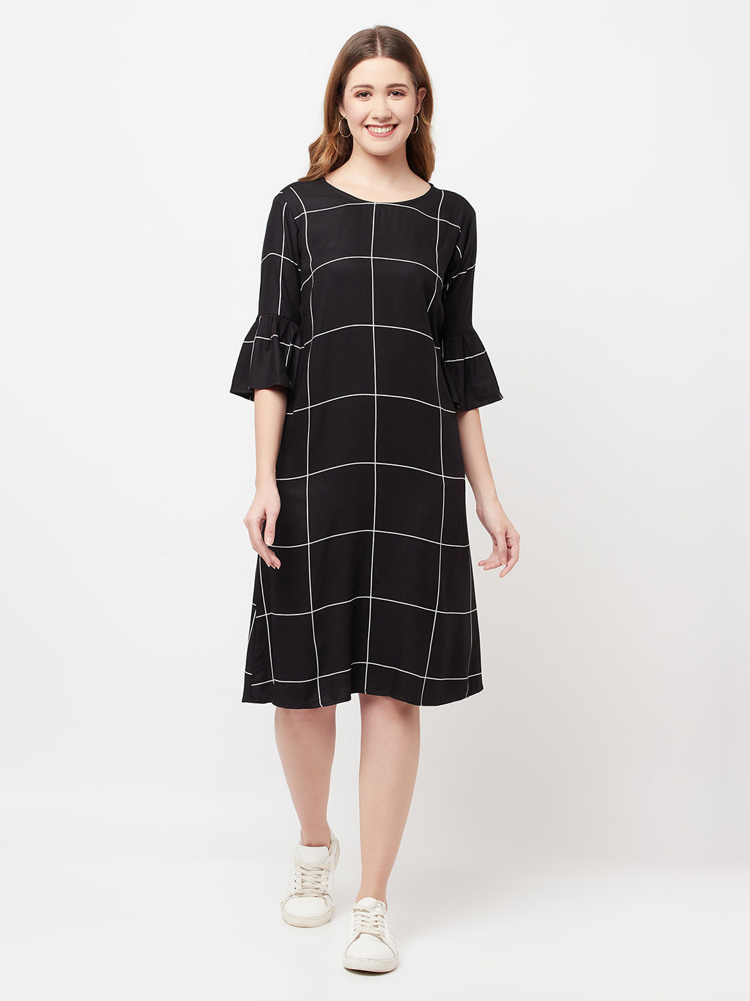 Black Checked Knee Length Dress - Women Dresses
