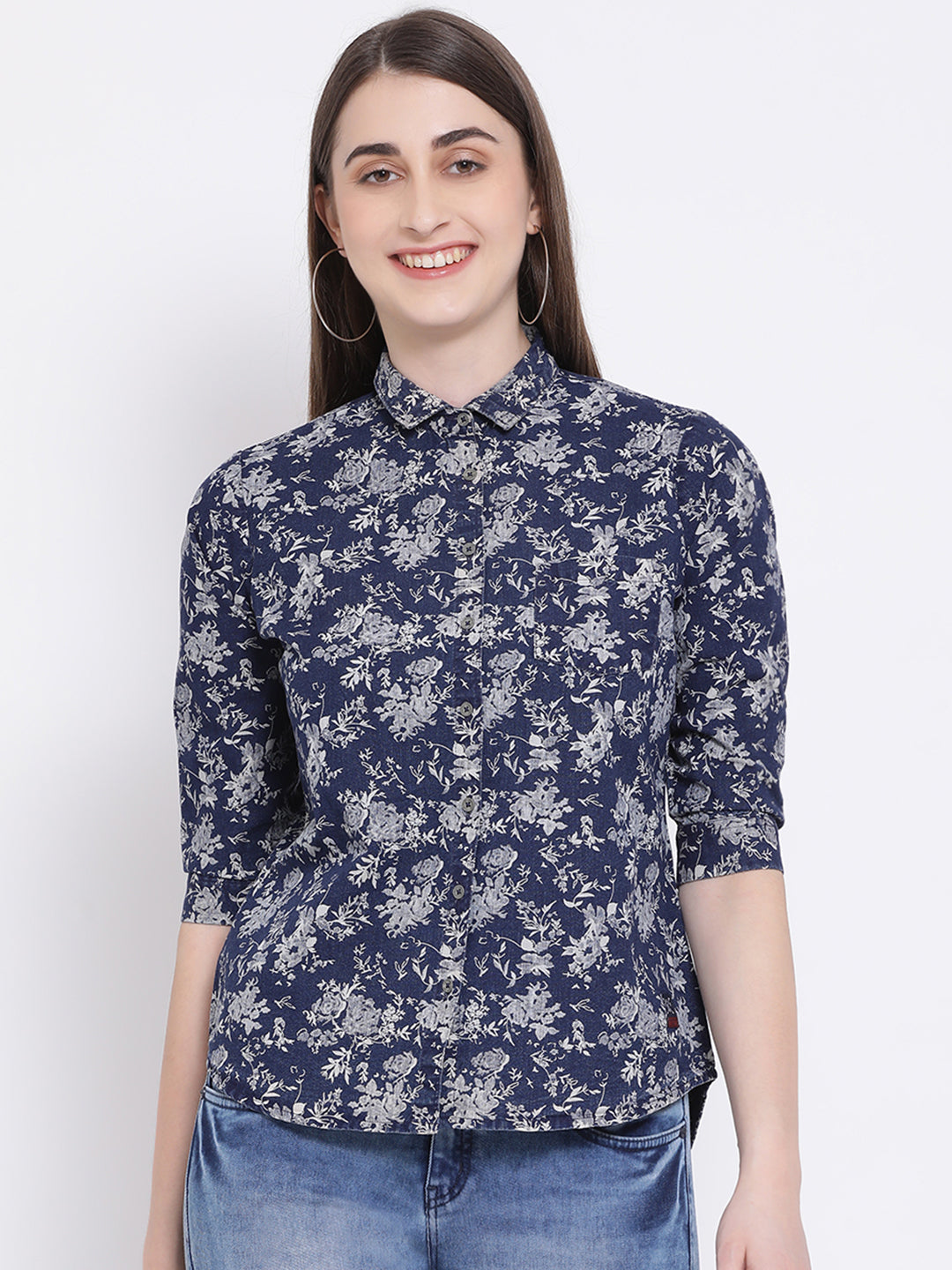 Blue Printed Spread Collar Slim Fit Shirt - Women Shirts