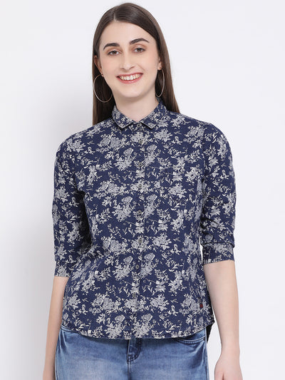 Blue Printed Spread Collar Slim Fit Shirt - Women Shirts