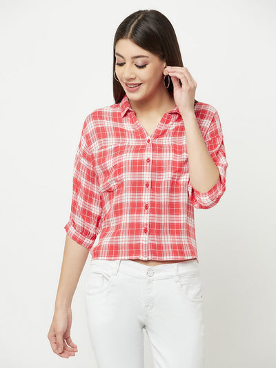 Red Checked Multi Pocket Cropped Shirt - Women Shirts