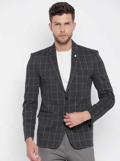 Grey Checked Notched Lapel Blazer-Mens Blazers-Crimsoune Club