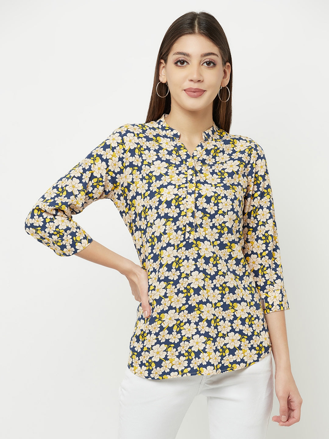 Multi-Color Floral Printed Mandarin Collar Top - Women Tops