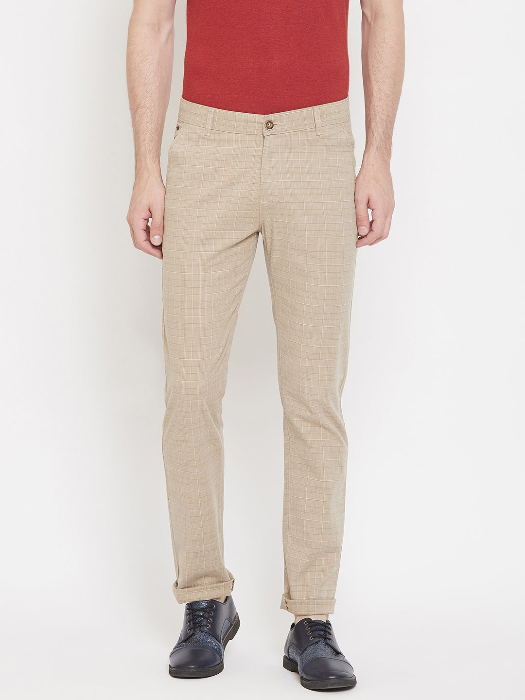 Khaki Checked Trousers - Men Trousers