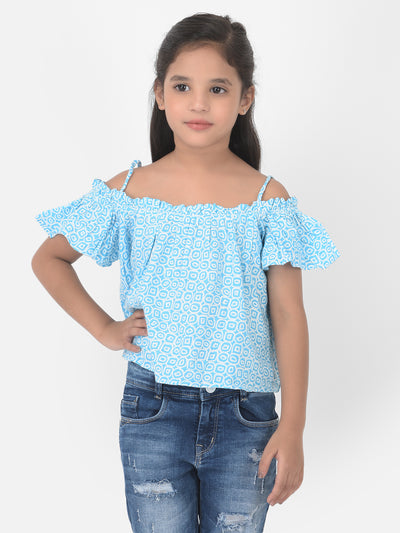 Light Blue Printed Cold Shoulder Crop Top - Girls Tops