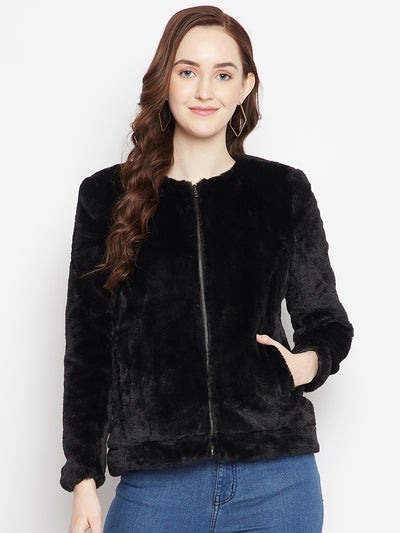 Black Round Neck Fur Blazer - Women Blazer