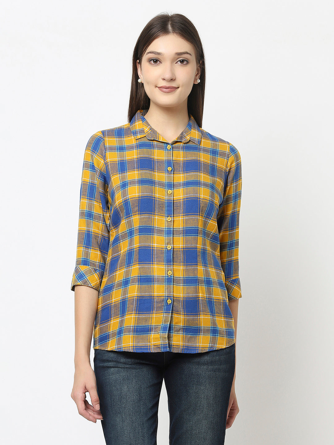 Mustard Checked Shirt in Cotton Blend