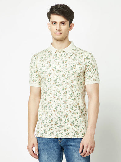  Oatmeal Melange Leaf-Print Polo T-Shirt