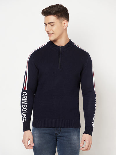 Navy Blue Printed Mock Neck Sweater - Men Sweaters