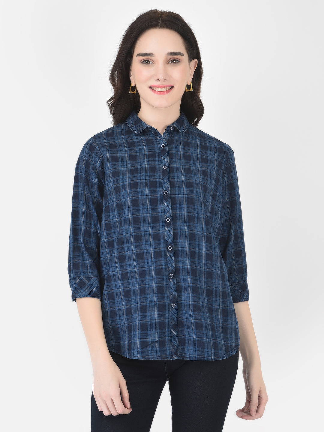 Prussian Blue Checked Shirt - Women Shirts